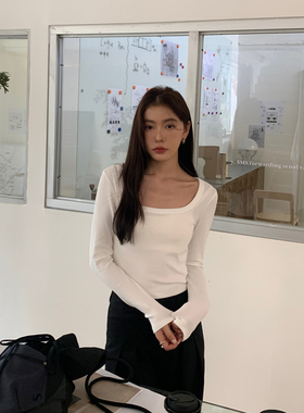 Halo Luu 方领长袖针织t恤女春季短款修身显瘦内搭白色打底衫上衣