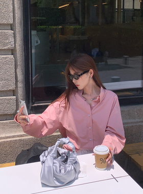 Halo Luu粉色衬衫女春季2026新款韩系上衣纯棉气质高级感长袖衬衣