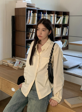 Halo Luu 淡黄色衬衫女秋季新款上衣韩系宽松纯棉设计感长袖衬衣