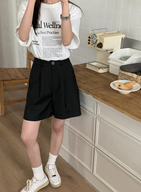 Halo Luu 黑色西装短裤女夏季韩系休闲a字高腰垂感中裤阔腿五分裤