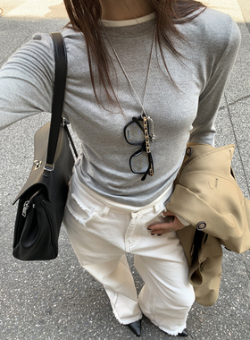 Halo Luu 假两件灰色长袖t恤女秋季新款短上衣修身显瘦内搭打底衫