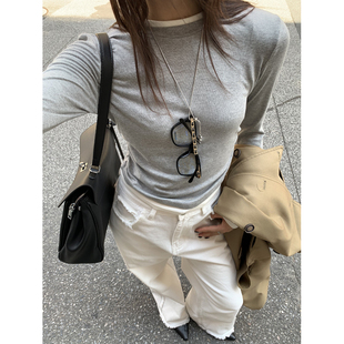 t恤女春季 假两件灰色长袖 Luu 短上衣修身 显瘦内搭打底衫 新款 Halo