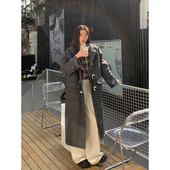 羊毛灰色人字纹牛角扣大衣女冬加厚连帽中长款 Halo Luu 毛呢外套