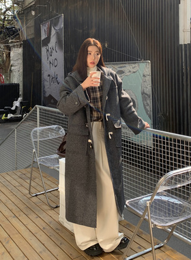 Halo Luu 羊毛灰色人字纹牛角扣大衣女冬加厚连帽中长款毛呢外套