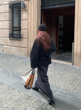 Halo Luu深灰色半身裙女秋冬新款毛呢裙子羊毛直筒长裙卷边包臀裙