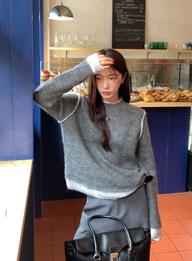 Halo Luu马海毛慵懒灰色毛衣女秋冬内搭宽松上衣假两件打底针织衫