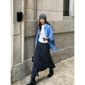 HaloLuu藏青色碎花半身裙女早秋2025新款 显瘦a字长裙不规则鱼尾裙