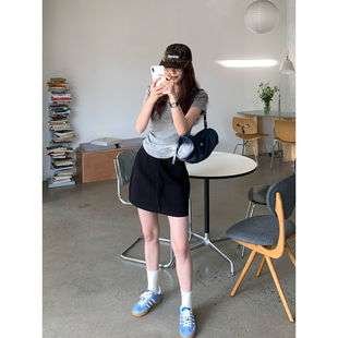HaloLuu黑色运动短裙女春夏高腰显瘦包臀裙抽绳休闲卫裙a字半身裙
