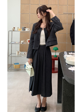 Halo Luu【清仓】灰色短款西装外套女两件套高腰百褶半身裙套装