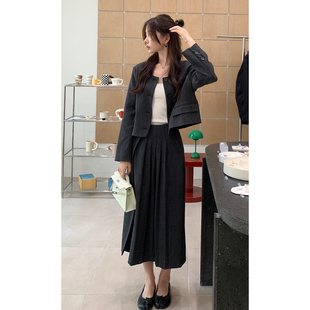 Halo Luu【清仓】灰色短款西装外套女两件套高腰百褶半身裙套装