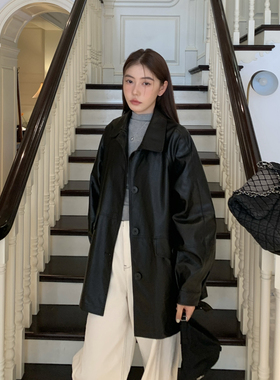 Halo Luu 黑色翻领加绒皮衣外套女秋冬新款宽松高级感中长款夹克