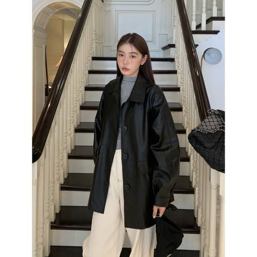 HaloLuu黑色皮衣外套中长款夹克