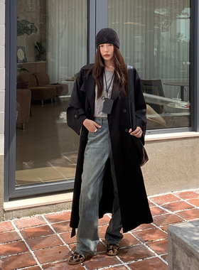 Halo Luu 黑色风衣外套女春秋2025新款韩系高级感休闲中长款大衣