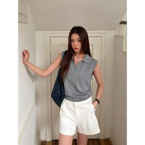 Halo Luu灰色老钱风无袖polo衫女夏季新款背心收腰针织短袖上衣