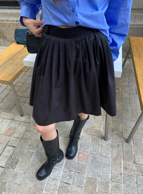 Halo Luu高级感黑色百褶裙女春夏新款蓬蓬短裙高腰显瘦a字半身裙