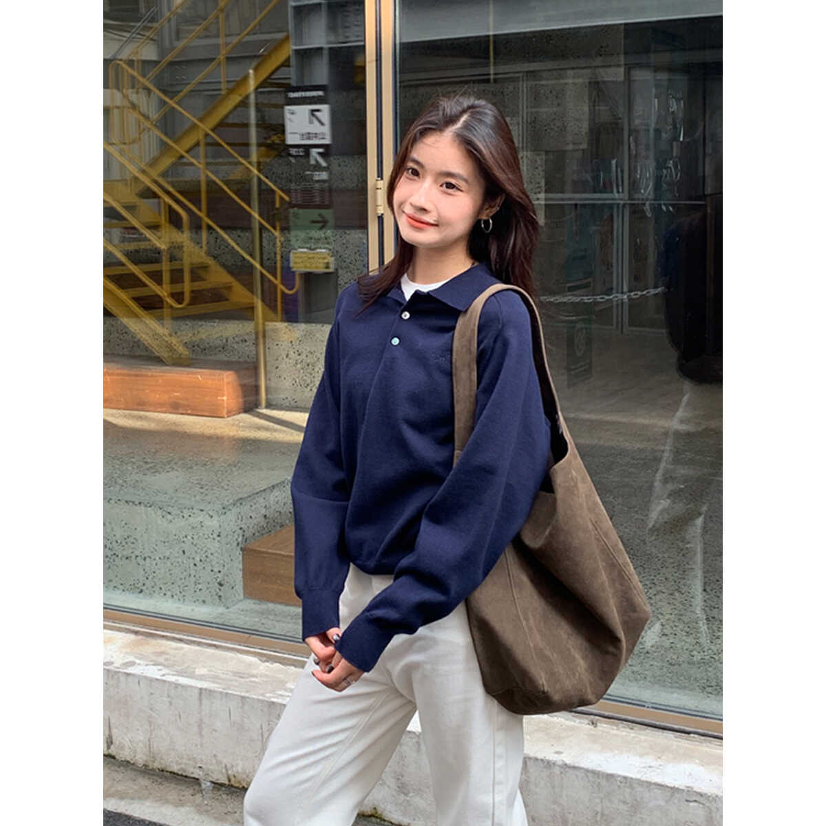 HaloLuu藏蓝色针织长袖polo衫