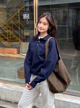 Halo Luu 藏蓝色针织长袖polo衫女春季新款百搭复古刺绣经典上衣