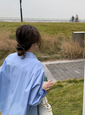 Halo Luu蓝色衬衫女春季2026新款韩版宽松防晒休闲慵懒风长袖衬衣