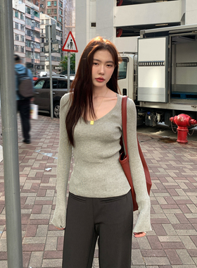 Halo Luu 灰色针织衫女秋冬长袖气质坑条修身毛衣内搭打底衫上衣