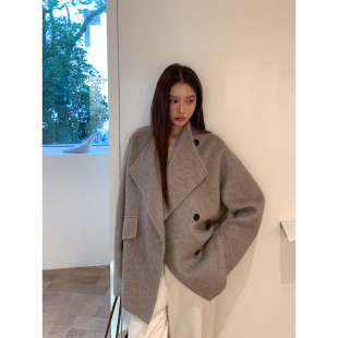 Halo Luu 燕麦色毛呢外套女秋冬新款设计感绵羊毛双面呢大衣