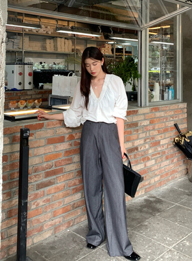 Halo Luu 灰色阔腿西装裤女夏季直筒休闲裤高级感垂感老钱风裤子