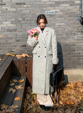 Halo Luu羊毛灰色大衣女冬季韩里韩气高级感夹棉加厚长款毛呢外套