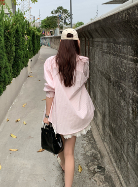 Halo Luu 粉色条纹衬衫女春季新款韩系上衣宽松开衫外套长袖衬衣