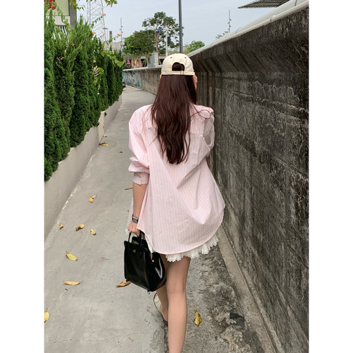 HaloLuu粉色条纹衬衫长袖衬衣