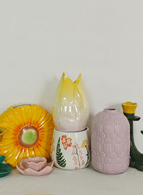 外贸出口 孤品 手绘  花朵系列 陶瓷花瓶 烛台 花盆 收纳