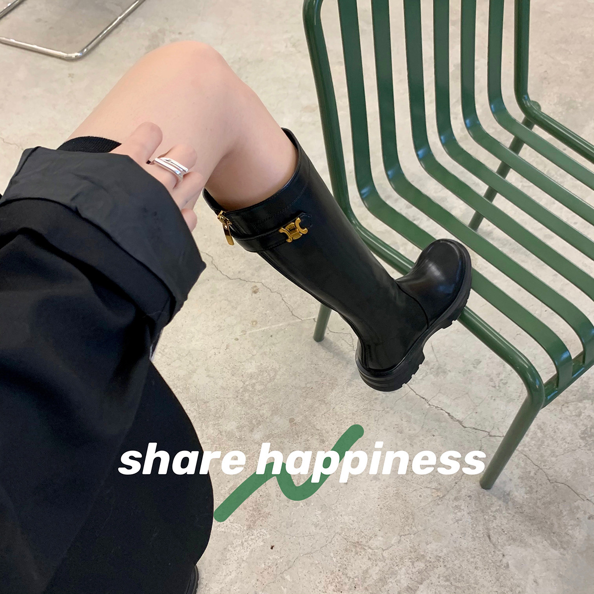 【现货秒发】studi 春秋季小金扣后拉链圆头厚底中粗跟长筒骑士靴