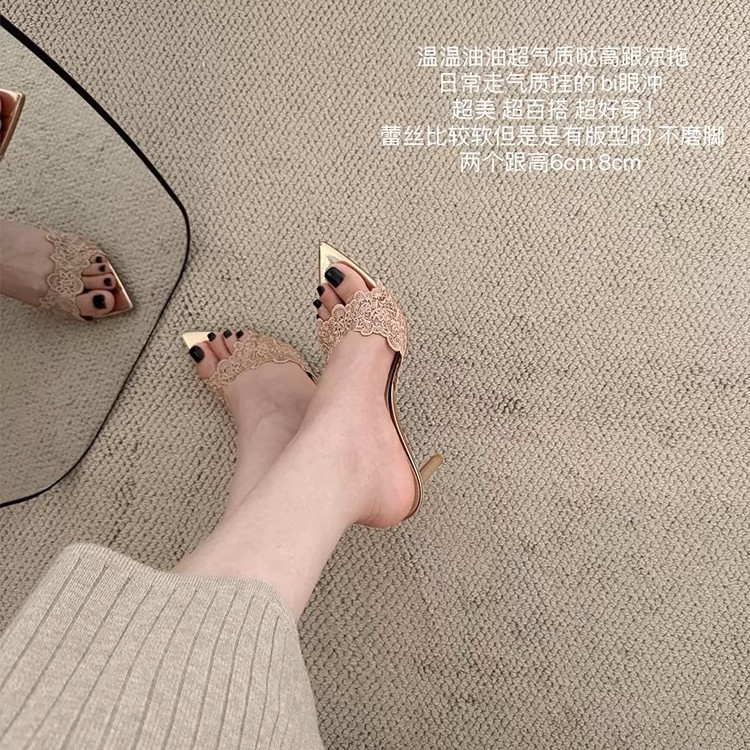 【现货】尖头宴会高跟鞋女新款刺绣细跟单鞋气质绣花高跟凉拖鞋