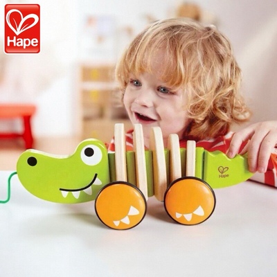 Hape拖拉鳄鱼推推乐摇摆儿童宝宝木制学步手拉推拉绳益智玩具1岁+