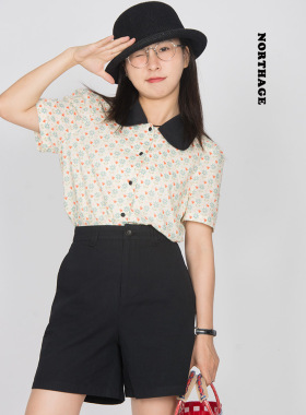 Northage夏季田园清新黑色拼接碎花少女棉质短袖衬衫特价清仓