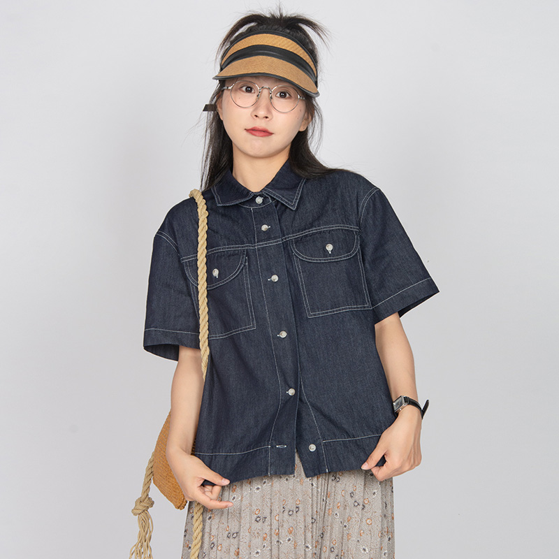 宽松工装单排扣短袖牛仔棉衬衫