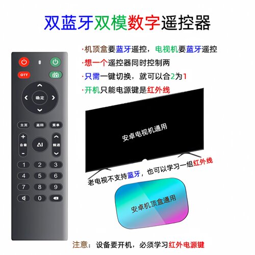 电视蓝牙+机顶盒蓝牙或机顶盒蓝牙+电视红外 2合1 双蓝牙遥控器