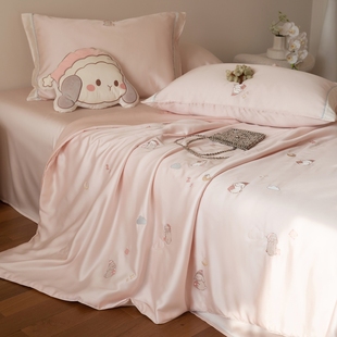 超可爱兔兔刺绣 轻奢高级感天丝夏凉被四件套冰丝空调被公主粉