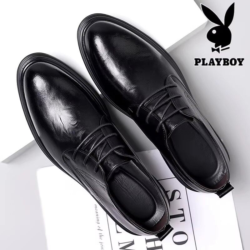 花花公子正品男士真皮皮鞋男商务休闲尖头中跟黑色增高软底男鞋子