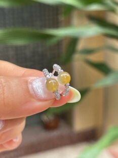 冰种黄翡珠子耳包耳扣18K金钻石镶嵌珠6mm天然缅甸翡翠A货