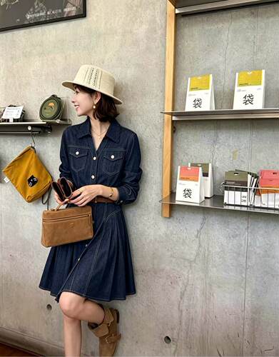 现9.1+「跑单限购.不褪不换」翻领V领显瘦牛仔收腰连衣裙96312