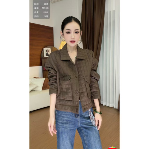9.5+「跑单限购.不褪不换」格纹短款棉服宽松立领工装外套95337