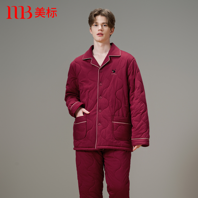 美标男三层加厚夹棉纯棉睡衣套冬