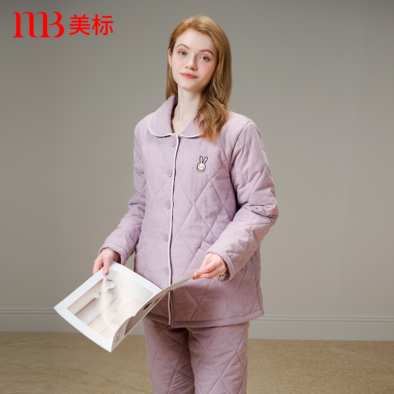 美标三层加厚夹棉纯棉睡衣套装女