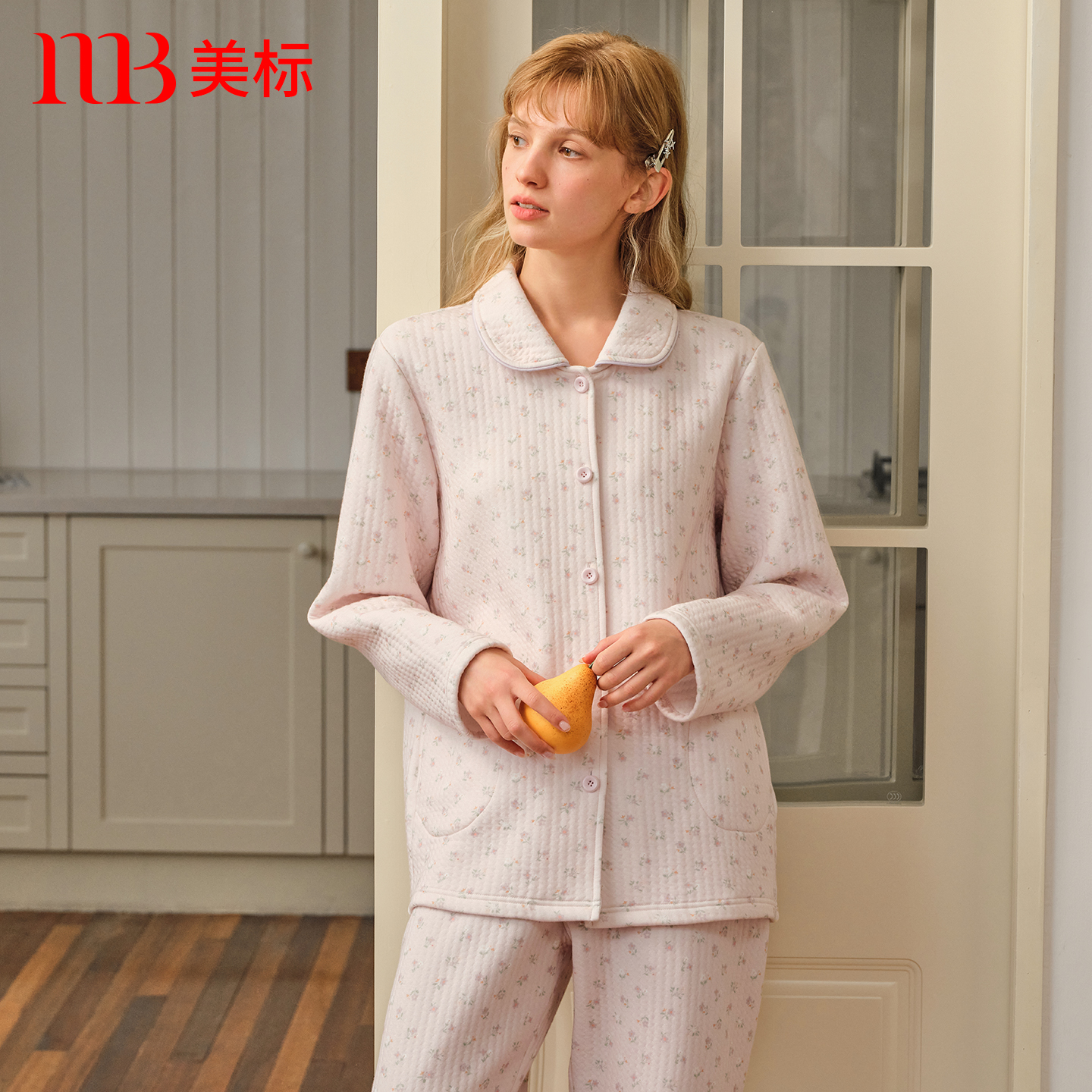 美标纯棉空气层三层夹棉睡衣女