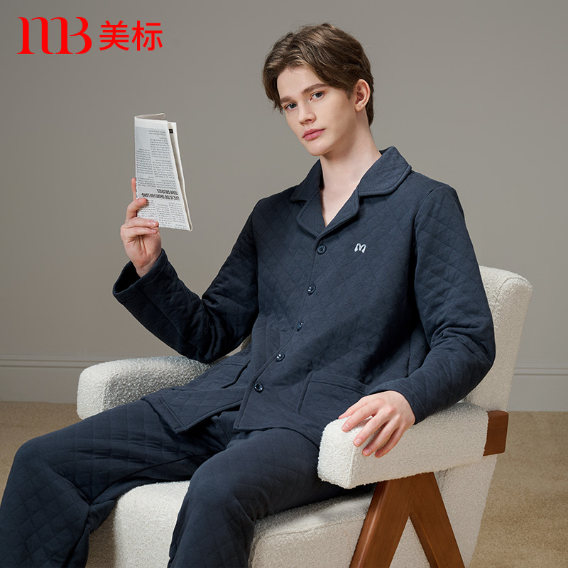【断码清仓】美标三层加厚夹棉纯棉睡衣套装秋冬全棉绣花家居服男