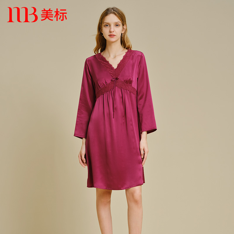 美标重磅长袖真丝花边睡裙
