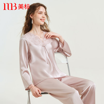 美标新品真丝长袖睡衣套装女春100%桑蚕丝重磅丝绸蕾丝家居服秋冬