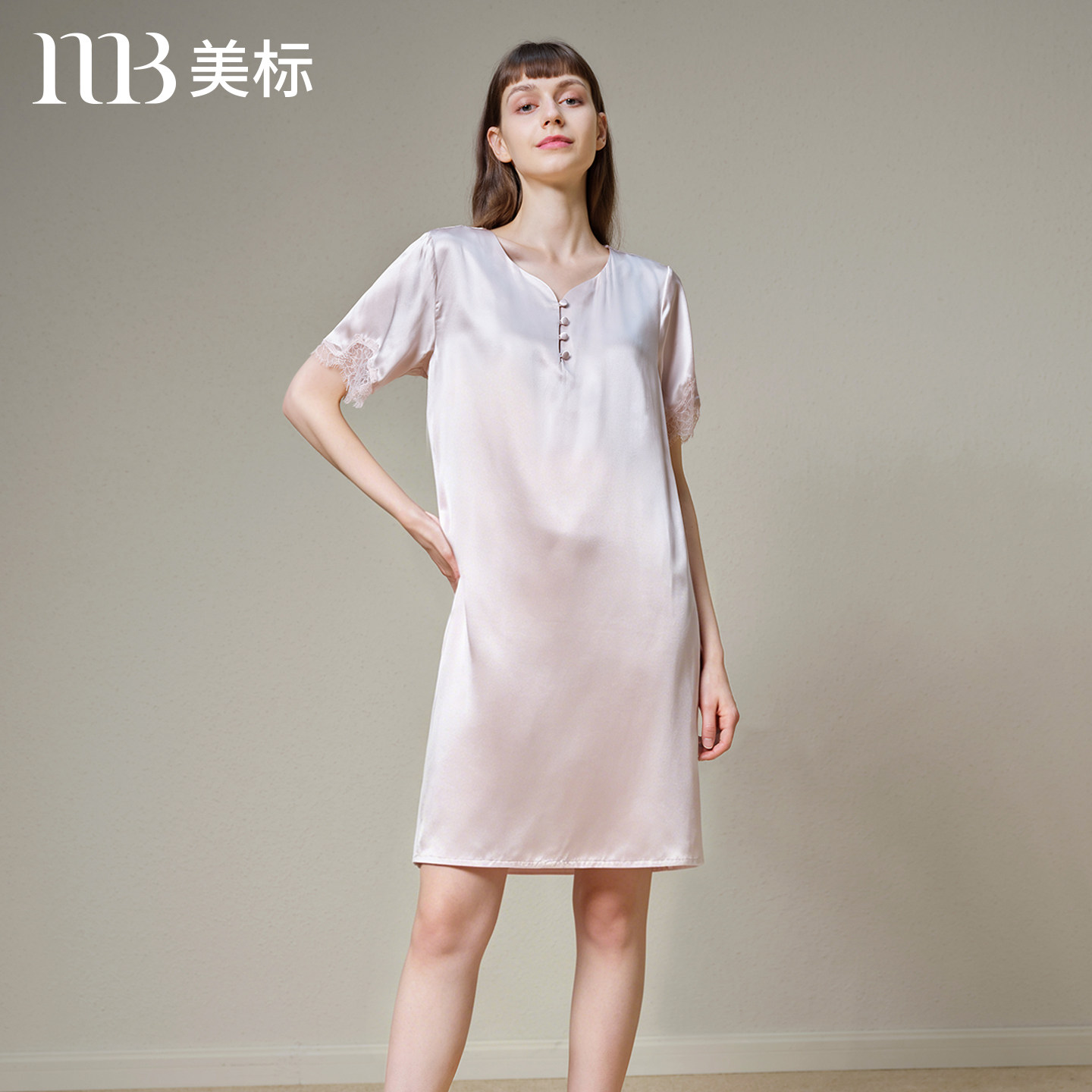 美标新品短袖真丝睡裙100%桑蚕丝图片