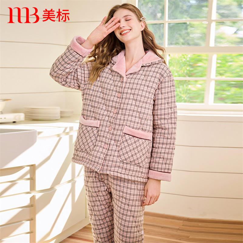 美标女三层加厚保暖夹棉睡衣复古