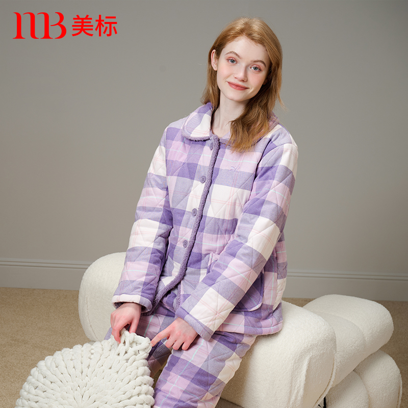 美标三层加厚夹棉纯棉睡衣套装女