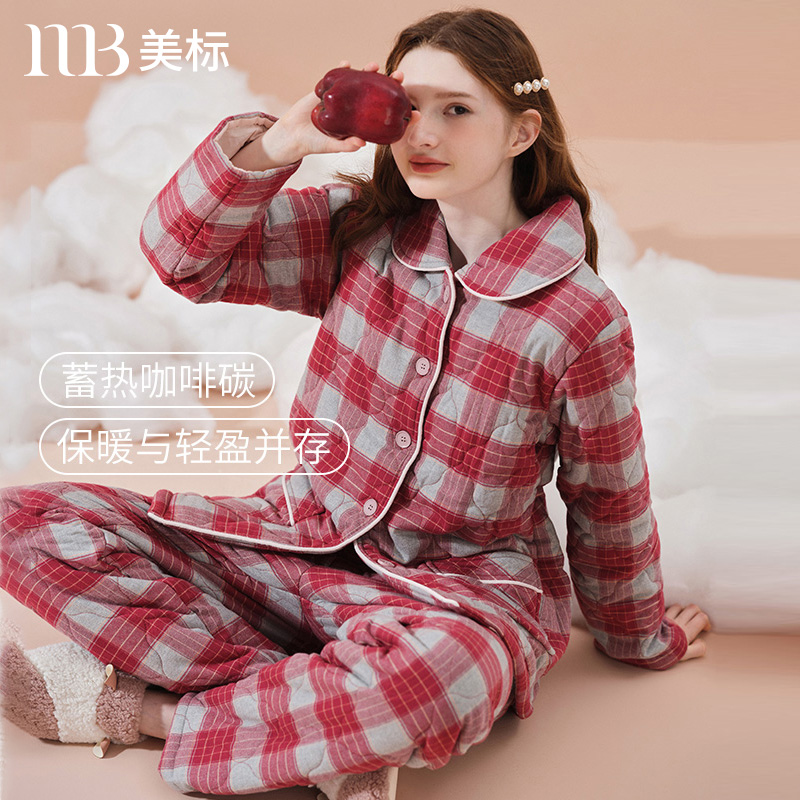 美标纯棉三层加厚夹棉家居服套装